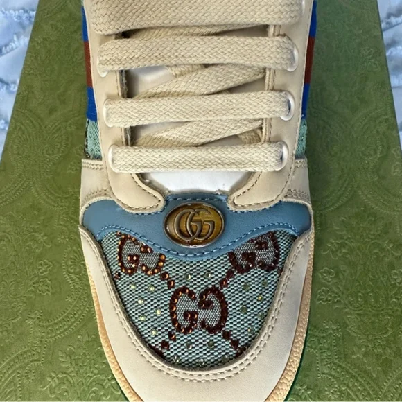 Gucci Crystal Embellished Cream and Blue Sneakers - Picture 6 of 11